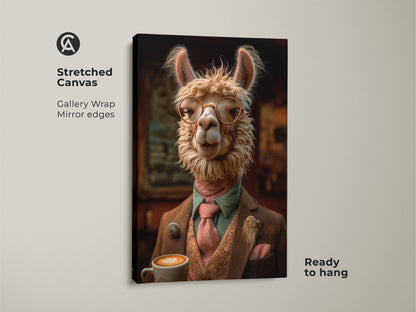 Stretched Canvas showcasing a Dapper Llama. The Eclectic Animal Portrait print is ready to hang. Gallery wrap with mirror edges offer a refined look. Perfect Office Desk Decor Art. A unique gift for animal lovers.