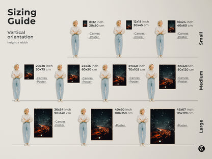 Sizing Guide shows vertical orientation options for canvas and poster prints. Various sizes range from small to large. Modern home decor art can fit any wall size. Abstract urban landscape art for any room.