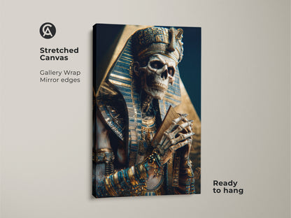 Stretched canvas Gallery Wrap of Egyptian Pharaoh Skeleton Art. The dark academia skeletal artwork features gold and blue accents. Ready to hang this gothic art offers ancient mystique perfect for collectors.