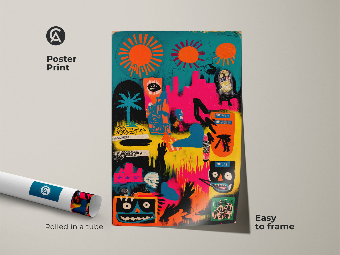 Poster print of abstract artwork rolled in a tube. This museum-quality paper showcases vibrant colors and unique figures. The colorful print is easy to frame. Purchase this artwork for a modern artistic statement in your home