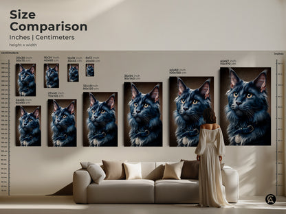 The size comparison features a dark gray Maine Coon cat print in various dimensions. The realistic feline portrait ranges in size to complement any room. This showcases how to best display this animal wall decor above a sofa.