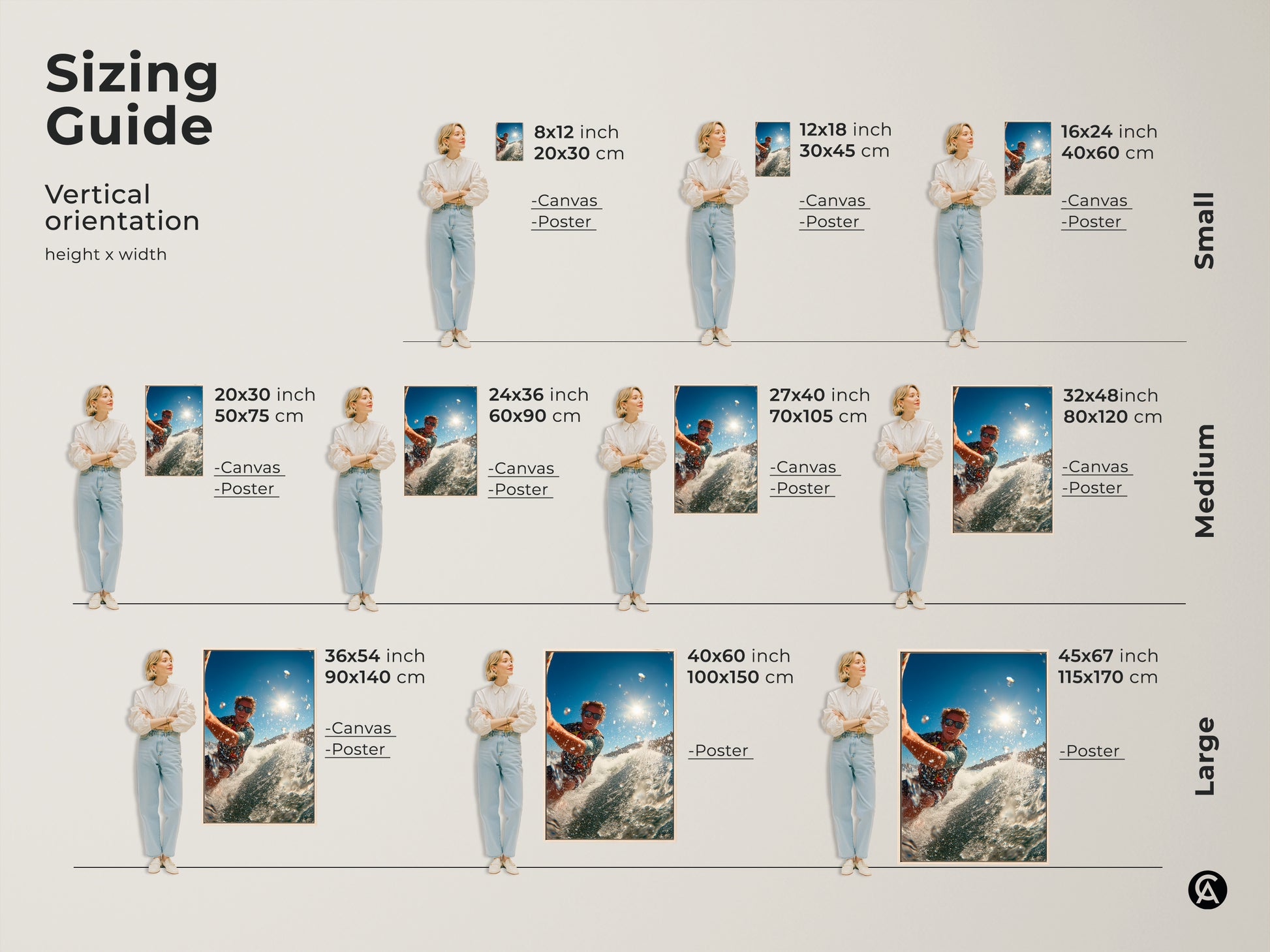 A sizing guide shows a surfer art piece in various vertical sizes. Find the perfect fit for your space. Options include canvas and poster prints. This artwork brings the energy of surfing to any room whether small medium or large.