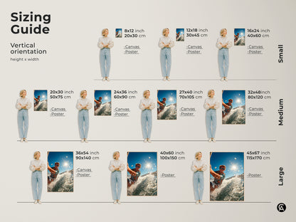 A sizing guide shows a surfer art piece in various vertical sizes. Find the perfect fit for your space. Options include canvas and poster prints. This artwork brings the energy of surfing to any room whether small medium or large.