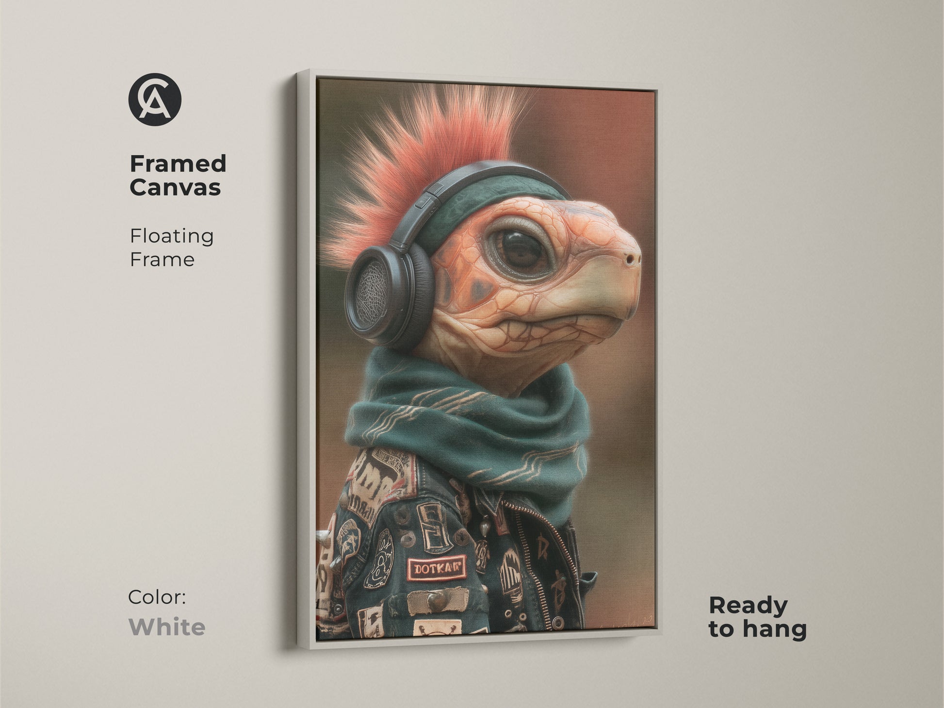 Framed Canvas Mohawk Turtle art is displayed. It has a floating frame in white and ready to hang. The punk rock animal canvas is a unique gift. This animal pop culture art features a turtle with a mohawk headphones scarf and jacket. It is perfect as home bar artwork.