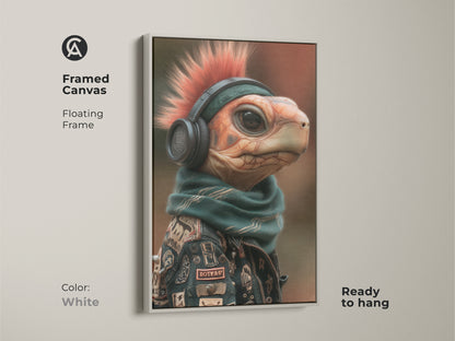 Framed Canvas Mohawk Turtle art is displayed. It has a floating frame in white and ready to hang. The punk rock animal canvas is a unique gift. This animal pop culture art features a turtle with a mohawk headphones scarf and jacket. It is perfect as home bar artwork.