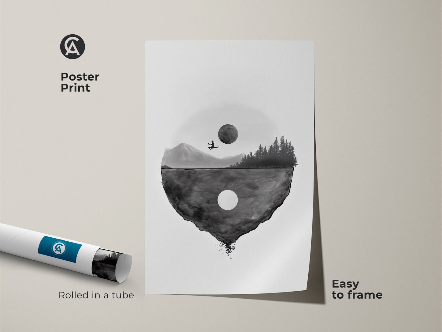 Poster print of a minimalist floating island artwork rolled in a tube. The surreal moon landscape print is easy to frame. The black and white abstract art offers a unique aesthetic. Perfect for a dreamer or philosopher's home decor.