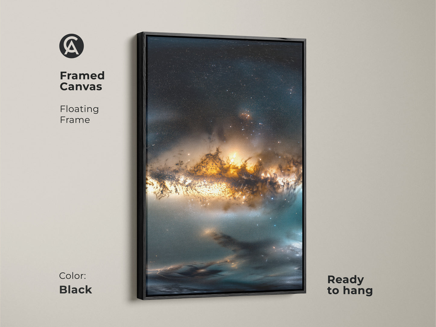Black framed canvas featuring stunning space nebula artwork. This floating frame enhances the depth of the canvas. Ready to hang this framed art adds sophistication to any space. Perfect for adding a cosmic touch to your wall decor.
