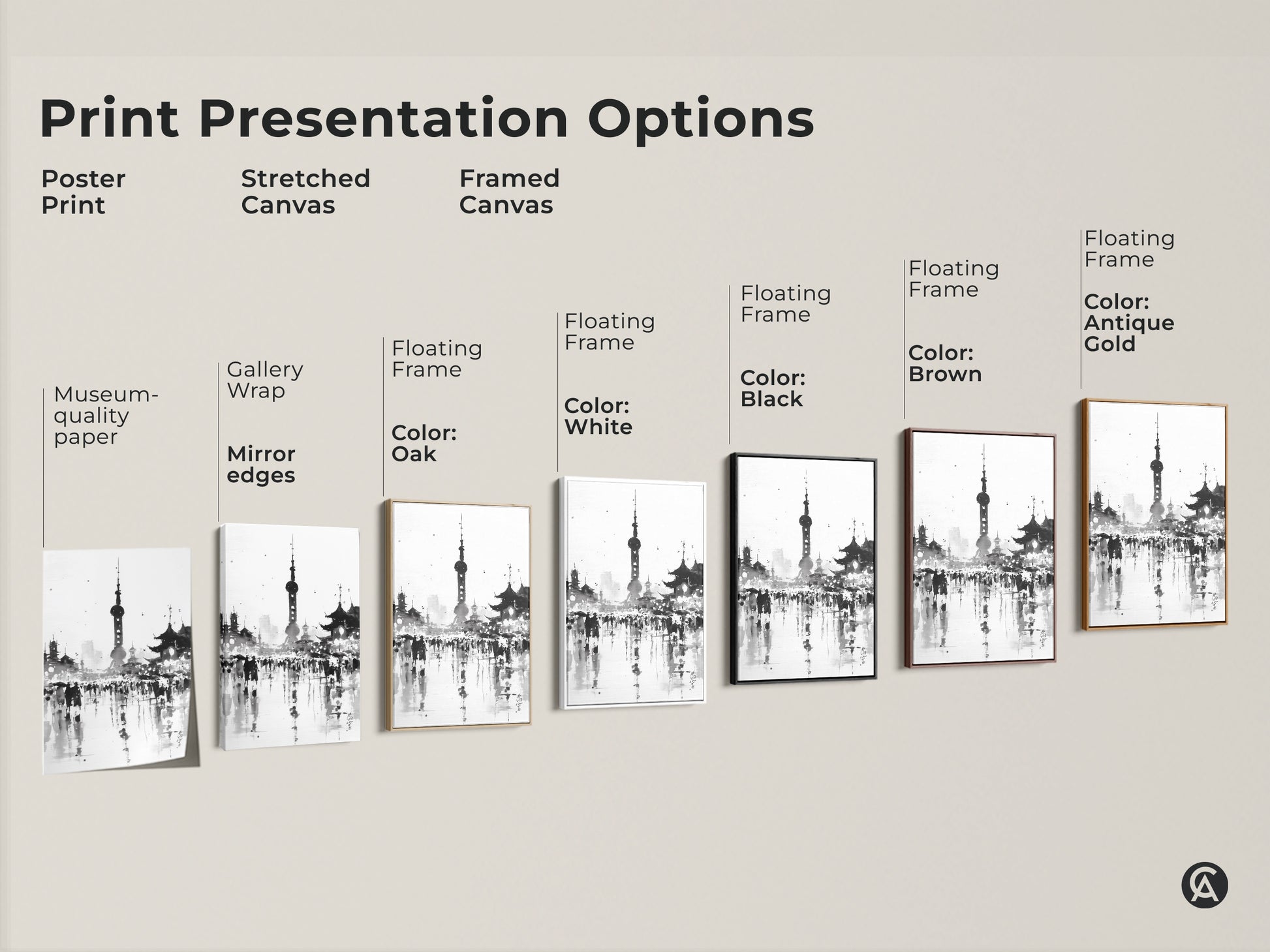 Explore print presentation options for the Shanghai skyline artwork. Choose from poster prints stretched canvas or framed canvas. Select a floating frame color to match your decor. Find the perfect artwork for your space.