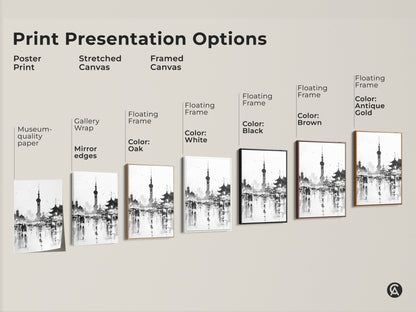 Explore print presentation options for the Shanghai skyline artwork. Choose from poster prints stretched canvas or framed canvas. Select a floating frame color to match your decor. Find the perfect artwork for your space.