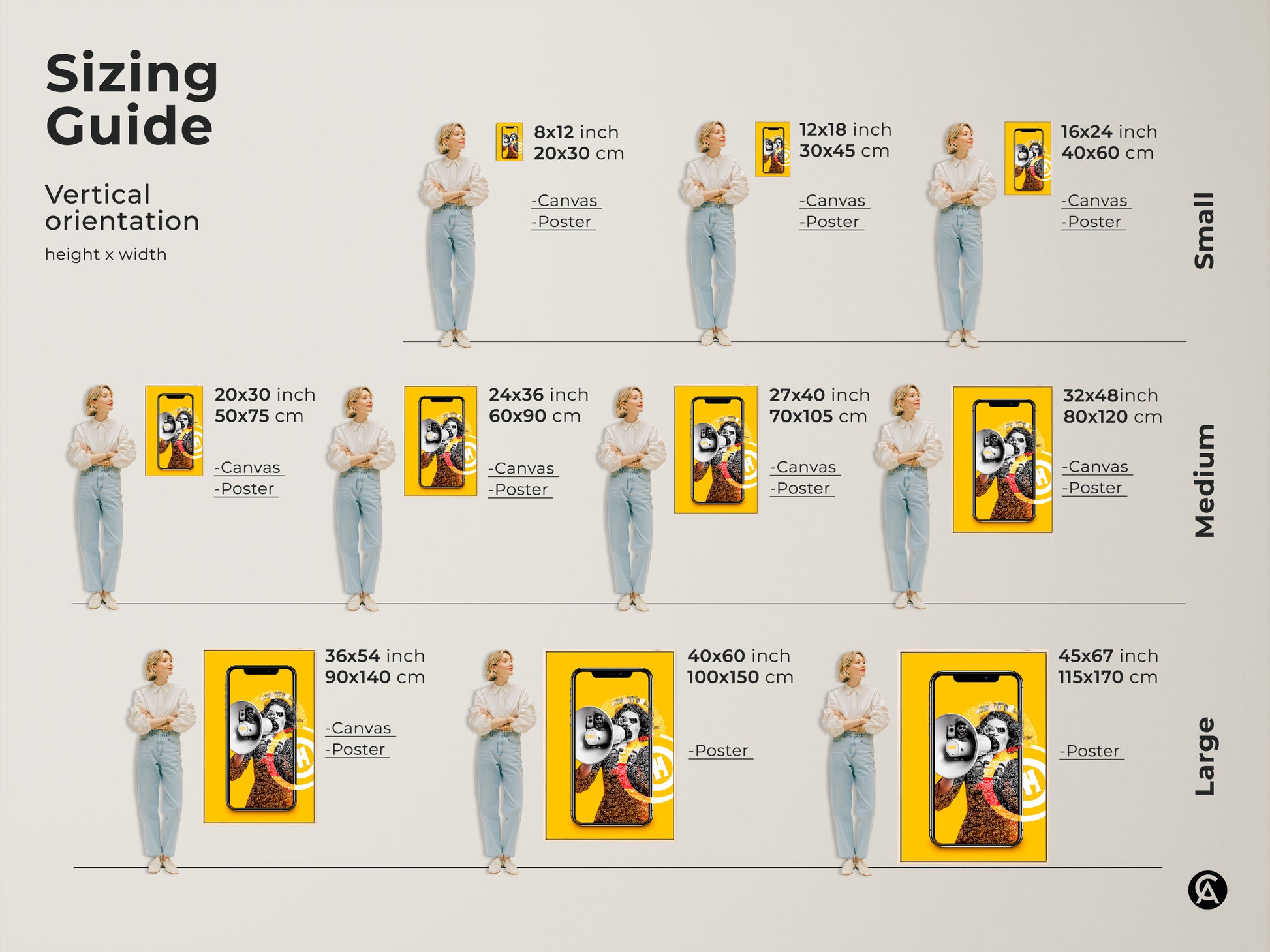 Sizing guide for a vertical surrealist collage canvas or poster print. Featuring a megaphone and smartphone this eclectic pop culture is available in small medium and large sizes. Perfect for technology-themed decor in any room.