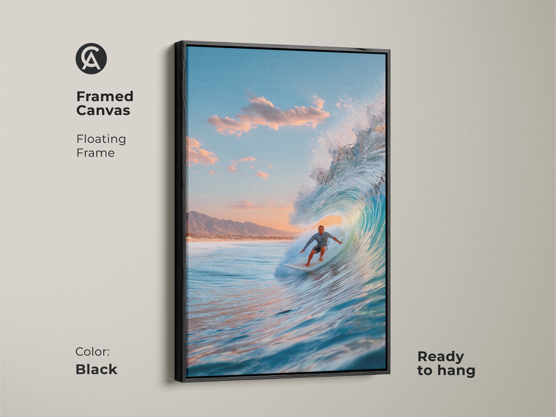 Framed canvas surfer art ready to hang. The surfer rides a blue ocean wave. Floating frame with a black finish. A great piece for coastal home decor. It adds a modern touch to any room.