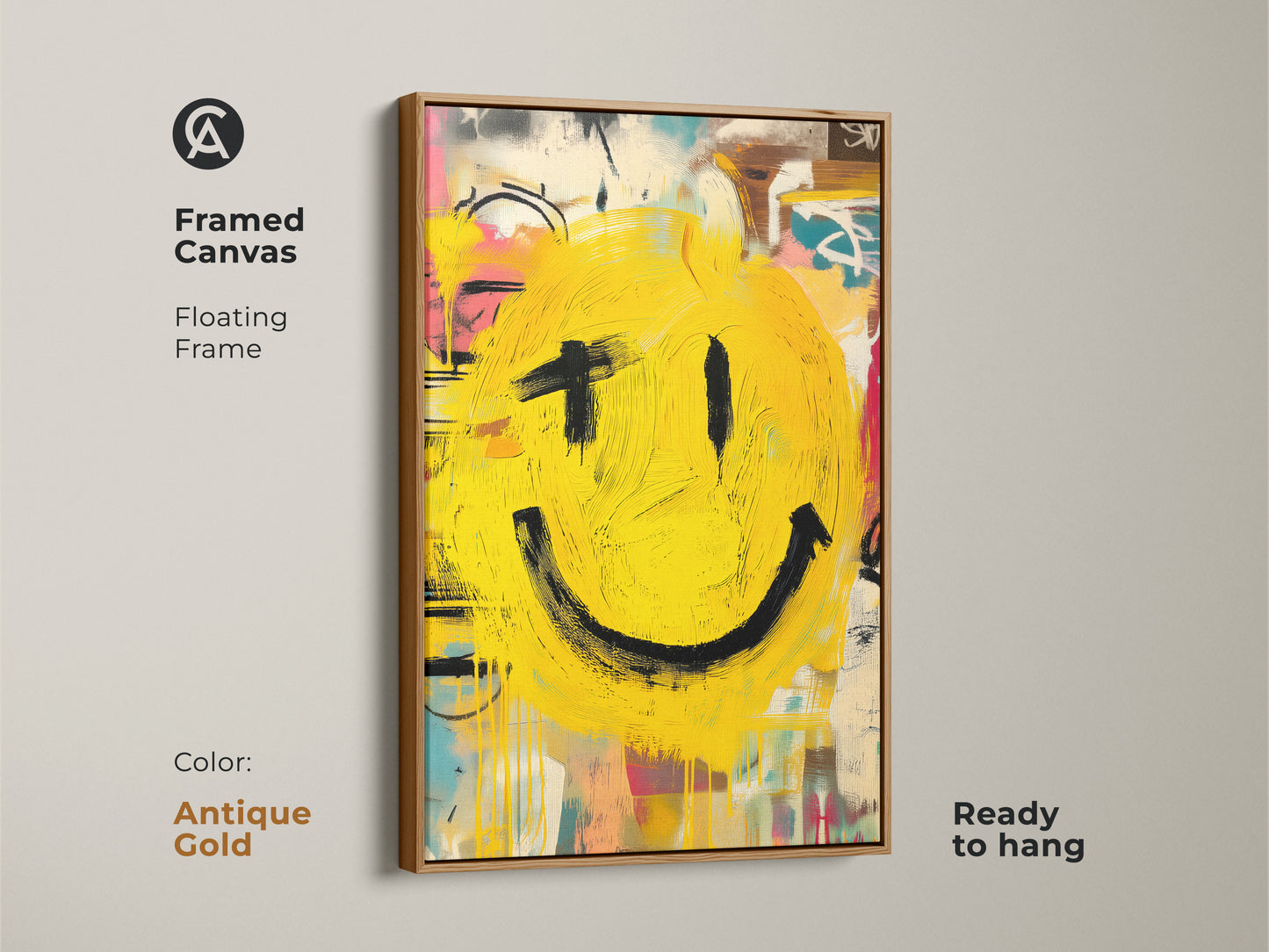 Transform your space with this framed canvas art featuring a playful smiley face. The antique gold floating frame adds a touch of elegance. This ready-to-hang piece brings a modern vibe to any room. The bright yellow smiley face creates a cheerful and inviting atmosphere. Perfect for art lovers