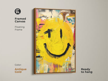 Transform your space with this framed canvas art featuring a playful smiley face. The antique gold floating frame adds a touch of elegance. This ready-to-hang piece brings a modern vibe to any room. The bright yellow smiley face creates a cheerful and inviting atmosphere. Perfect for art lovers