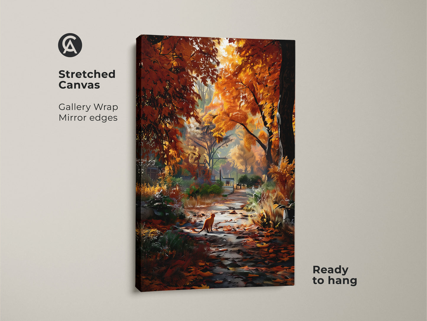Add warmth to your home with this gallery-wrapped canvas artwork. The autumn landscape features rich orange hues. It shows a charming cat on a path of fallen leaves. Ready to hang and enjoy