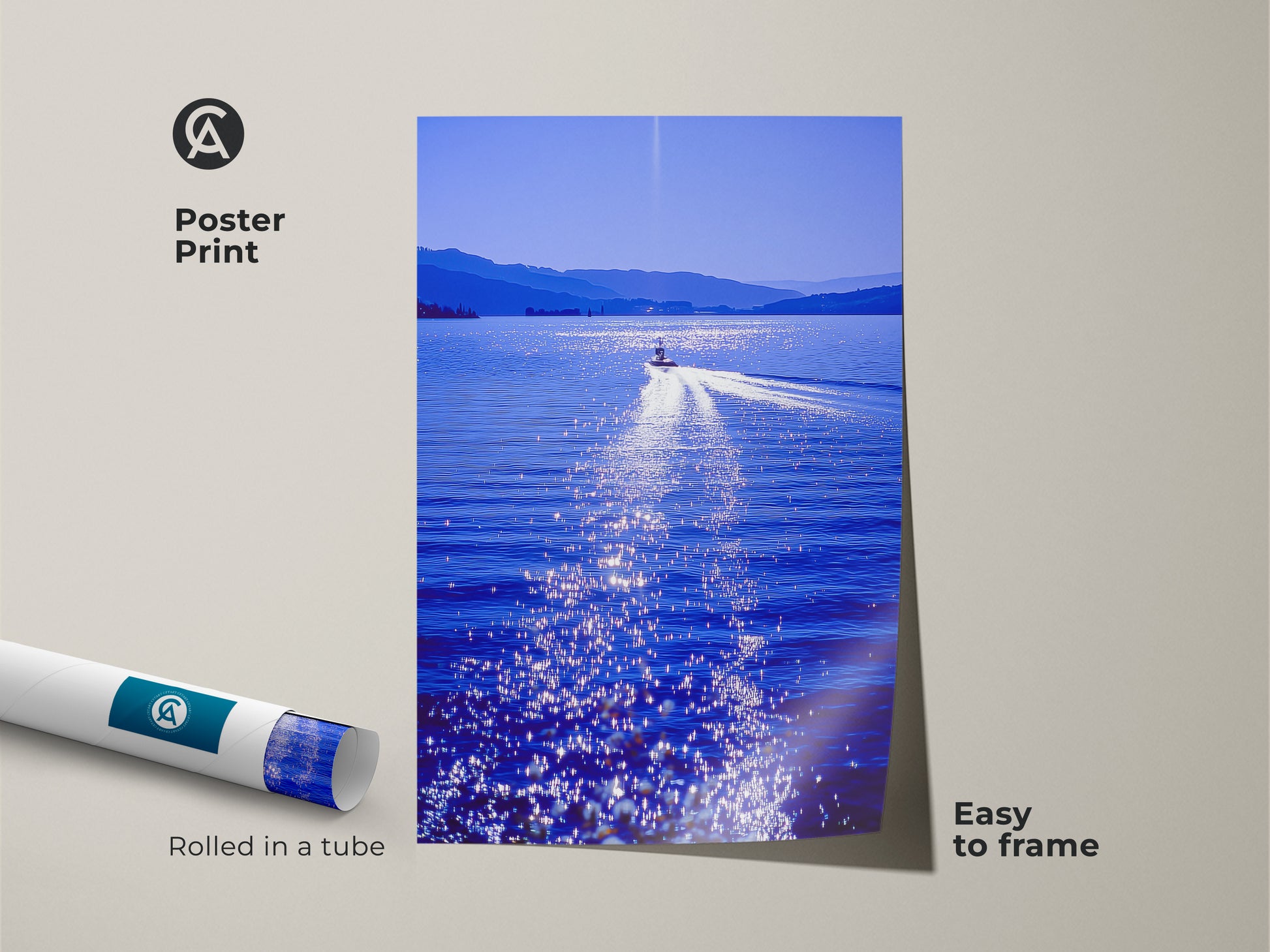 A rolled poster print displays a speedboat cutting through a blue lake. Sunlight creates a dazzling sparkle on the water. This contemporary landscape photo is easy to frame adding aquatic adventure to any room.
