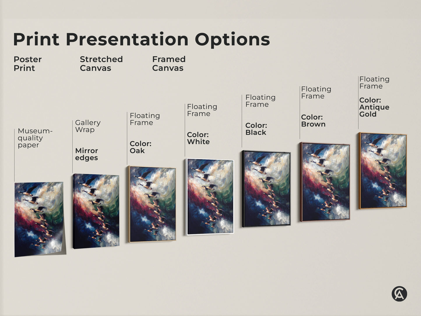 Print presentation options showcasing poster stretched canvas and framed canvas options. This geese art comes in gallery wrap floating frame black brown white and antique gold decor options.