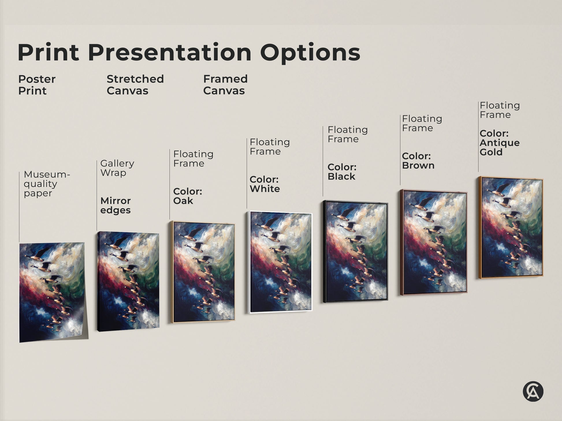 Print presentation options showcasing poster stretched canvas and framed canvas options. This geese art comes in gallery wrap floating frame black brown white and antique gold decor options.