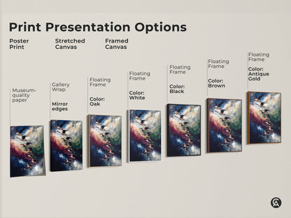 Print presentation options showcasing poster stretched canvas and framed canvas options. This geese art comes in gallery wrap floating frame black brown white and antique gold decor options.