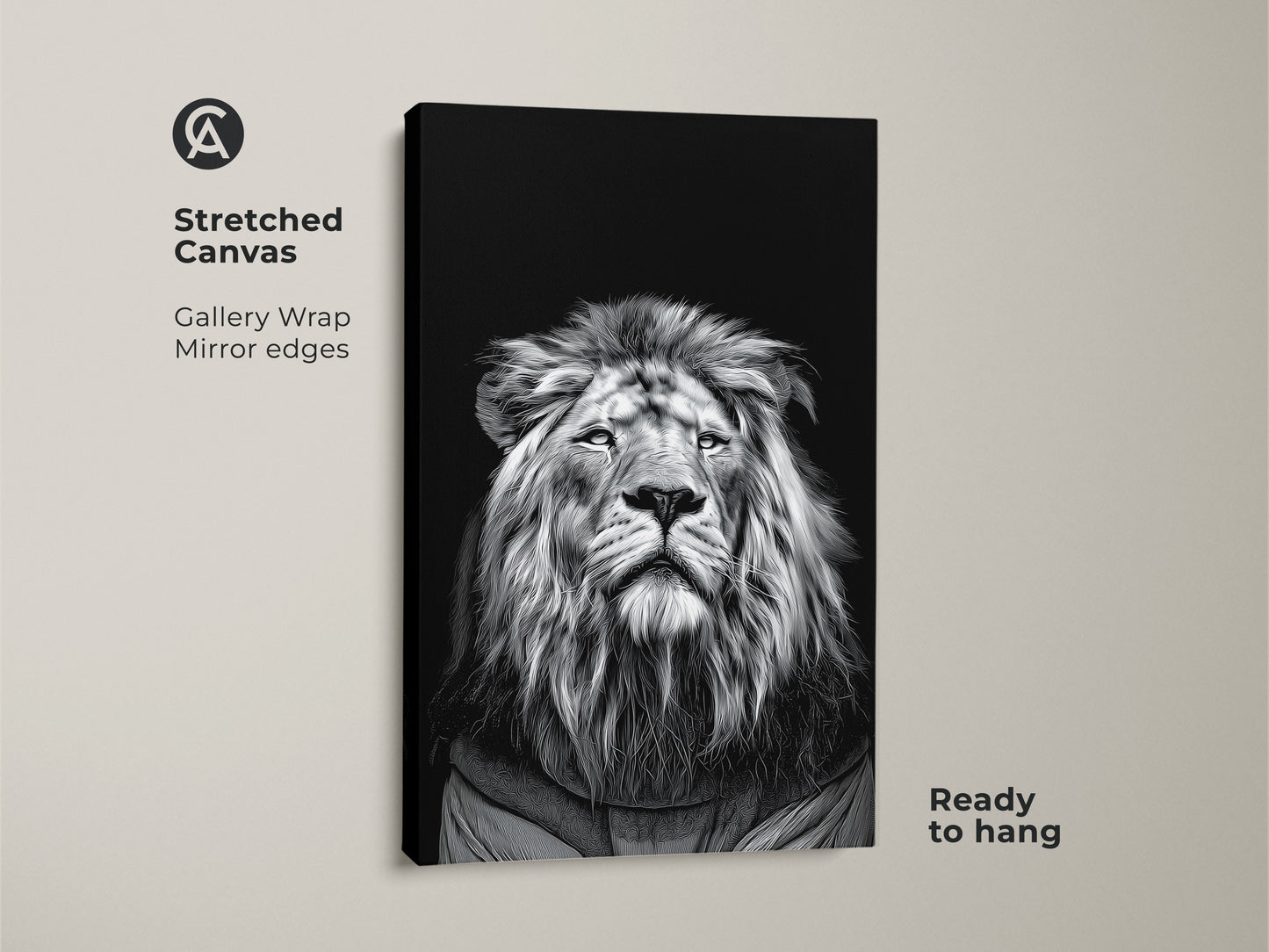 Stretched canvas featuring a realistic monochrome lion portrait. This black and white lion canvas is ready to hang. Ideal wildlife animal art decor for modern home decor. This gallery wrap with mirror edges creates a fine art animal print. A dramatic lion face art with high contrast adds sophistication.