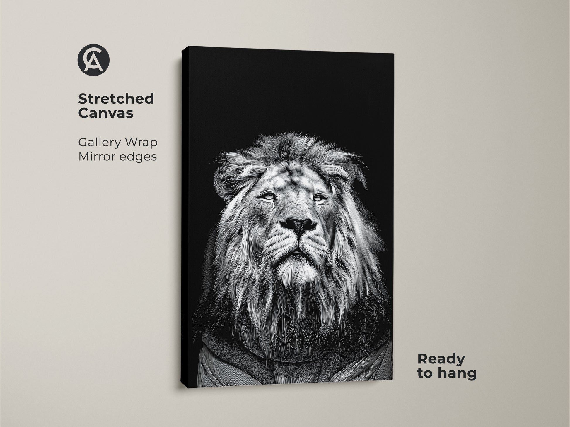 Stretched canvas featuring a realistic monochrome lion portrait. This black and white lion canvas is ready to hang. Ideal wildlife animal art decor for modern home decor. This gallery wrap with mirror edges creates a fine art animal print. A dramatic lion face art with high contrast adds sophistication.
