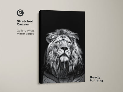 Stretched canvas featuring a realistic monochrome lion portrait. This black and white lion canvas is ready to hang. Ideal wildlife animal art decor for modern home decor. This gallery wrap with mirror edges creates a fine art animal print. A dramatic lion face art with high contrast adds sophistication.