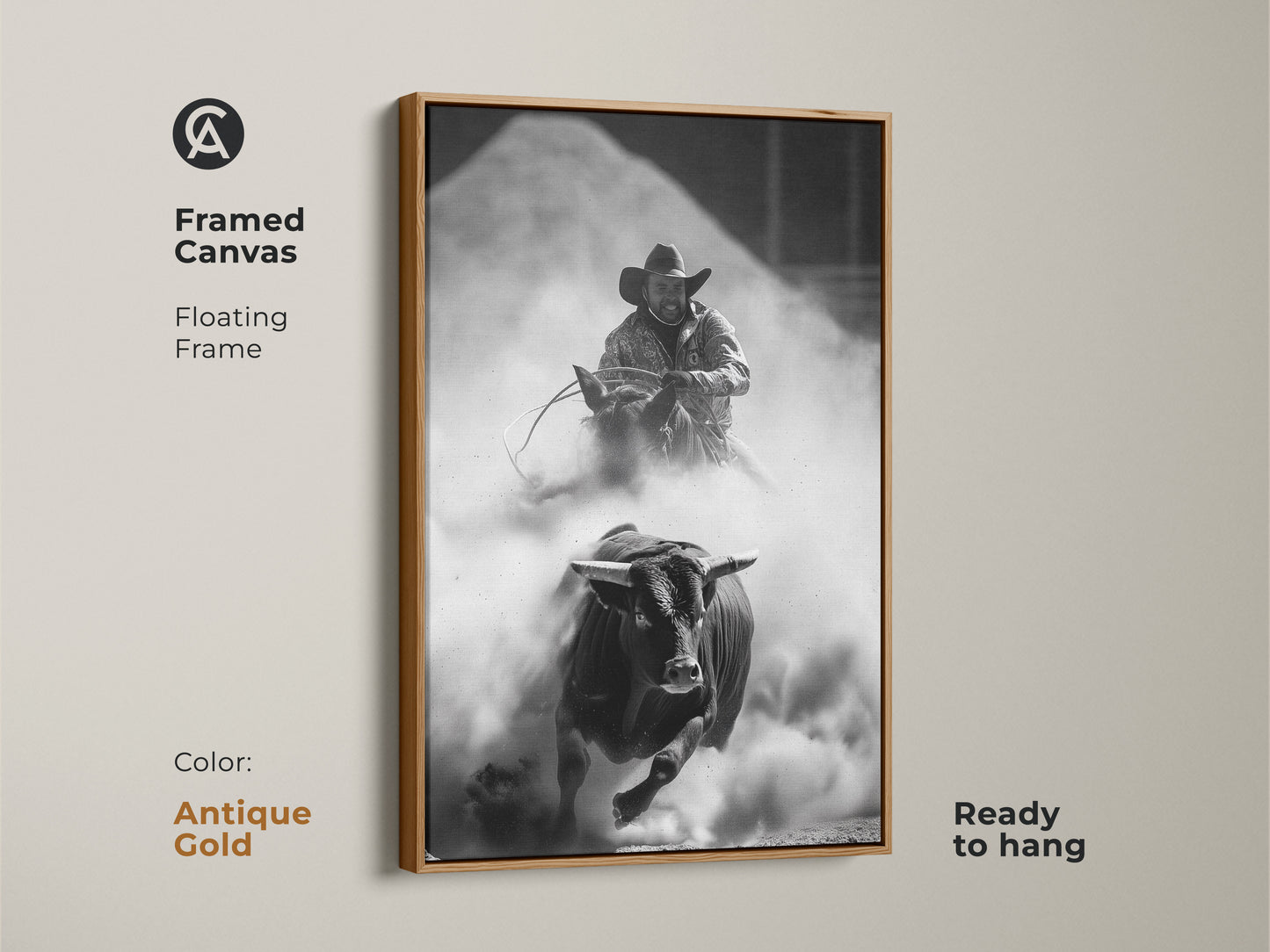 Framed Canvas of a Monochrome Rodeo scene in an antique gold floating frame. This Western wall art features a bull rider and charging bull. The rustic cowboy decor is ready to hang. Perfect for a man cave or office. This adrenaline art print captures the spirit of the rodeo.