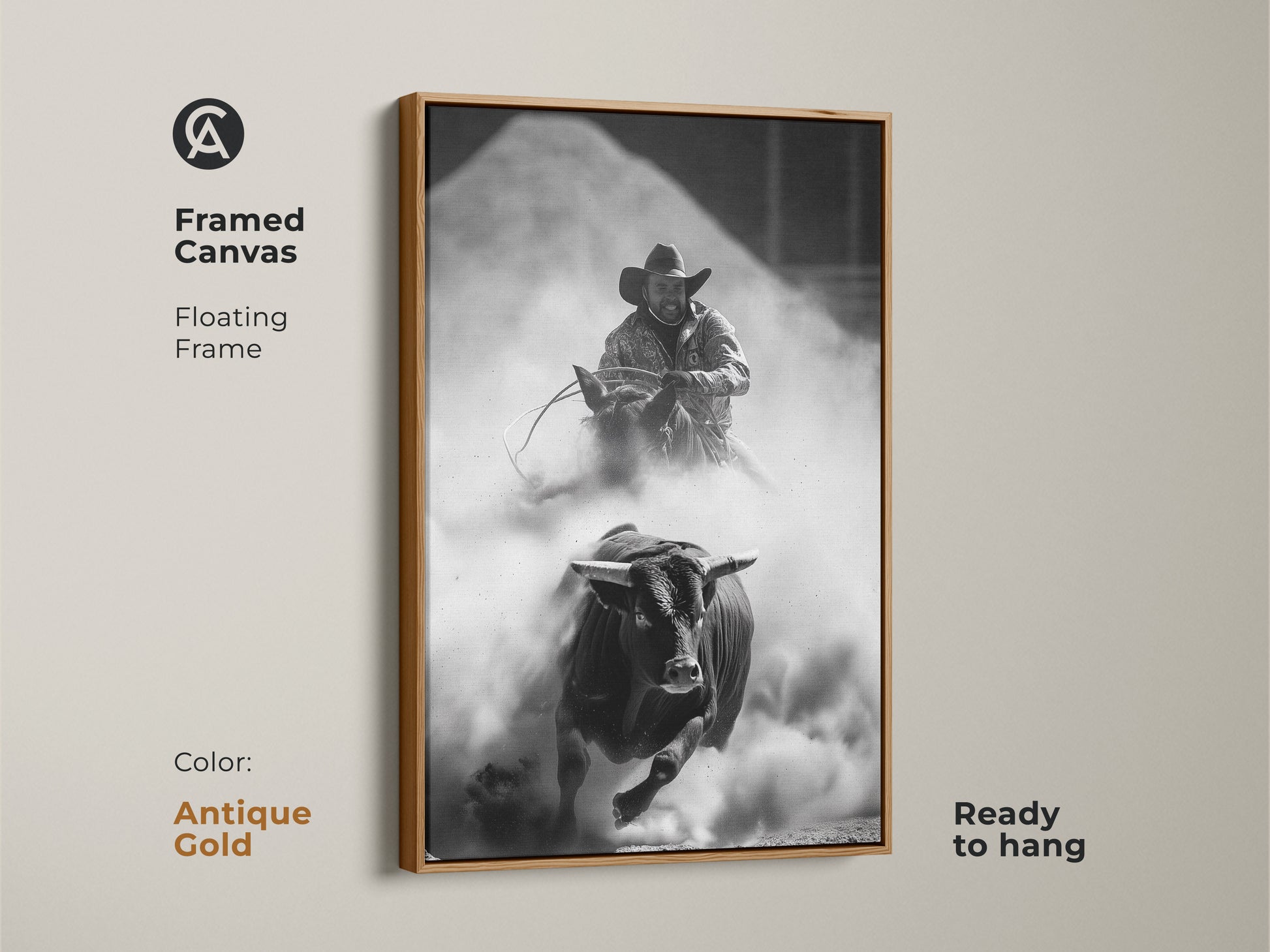 Framed Canvas of a Monochrome Rodeo scene in an antique gold floating frame. This Western wall art features a bull rider and charging bull. The rustic cowboy decor is ready to hang. Perfect for a man cave or office. This adrenaline art print captures the spirit of the rodeo.
