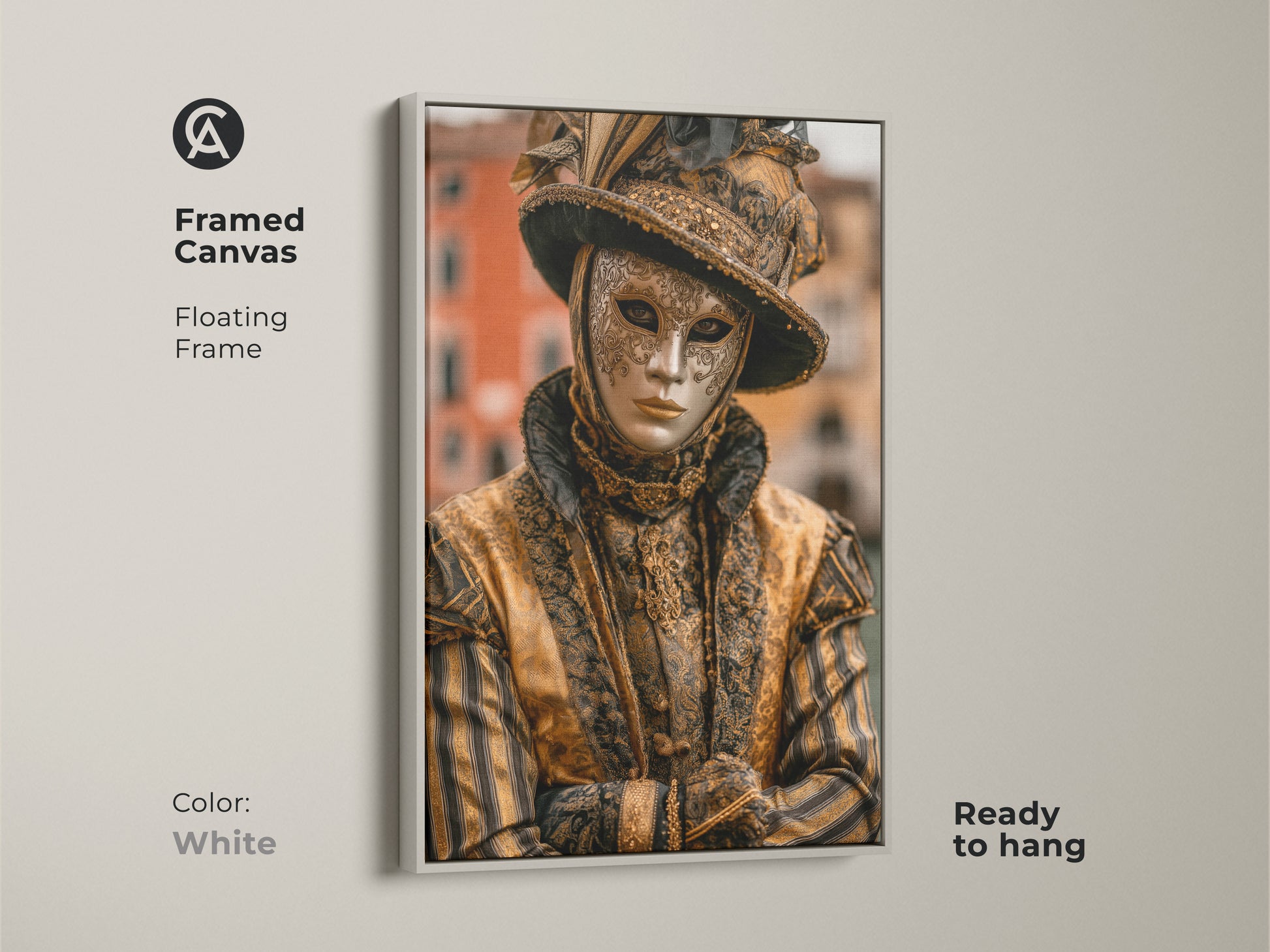 White framed canvas Venice Carnival Mask artwork. The artwork features a person wearing a traditional gold mask and costume. It adds an elegant touch to any room. This framed canvas is ready to hang.
