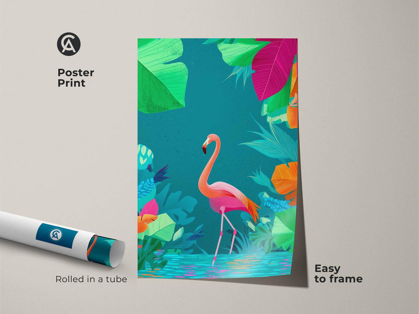 Poster print of a pink flamingo surrounded by tropical leaves. Rolled in a tube this boho flamingo artwork is easy to frame. The colorful jungle art enhances any room's decor.