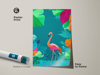 Poster print of a pink flamingo surrounded by tropical leaves. Rolled in a tube this boho flamingo artwork is easy to frame. The colorful jungle art enhances any room's decor.