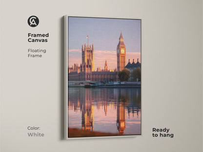 Framed Canvas artwork of the Houses of Parliament and Big Ben in London. The image is captured during the golden hour. This travel themed art has a white floating frame and is ready to hang.