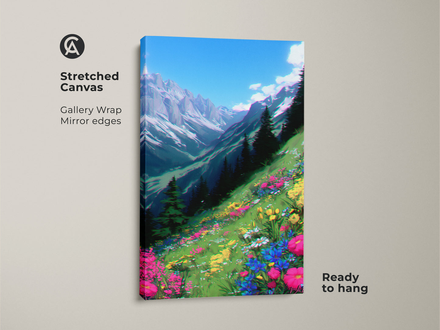 Stretched canvas of anime mountain landscape. Gallery wrapped with mirrored edges. This nature-inspired wall art features a vibrant wildflower field. Ready to hang and bring a touch of boho style to your home.