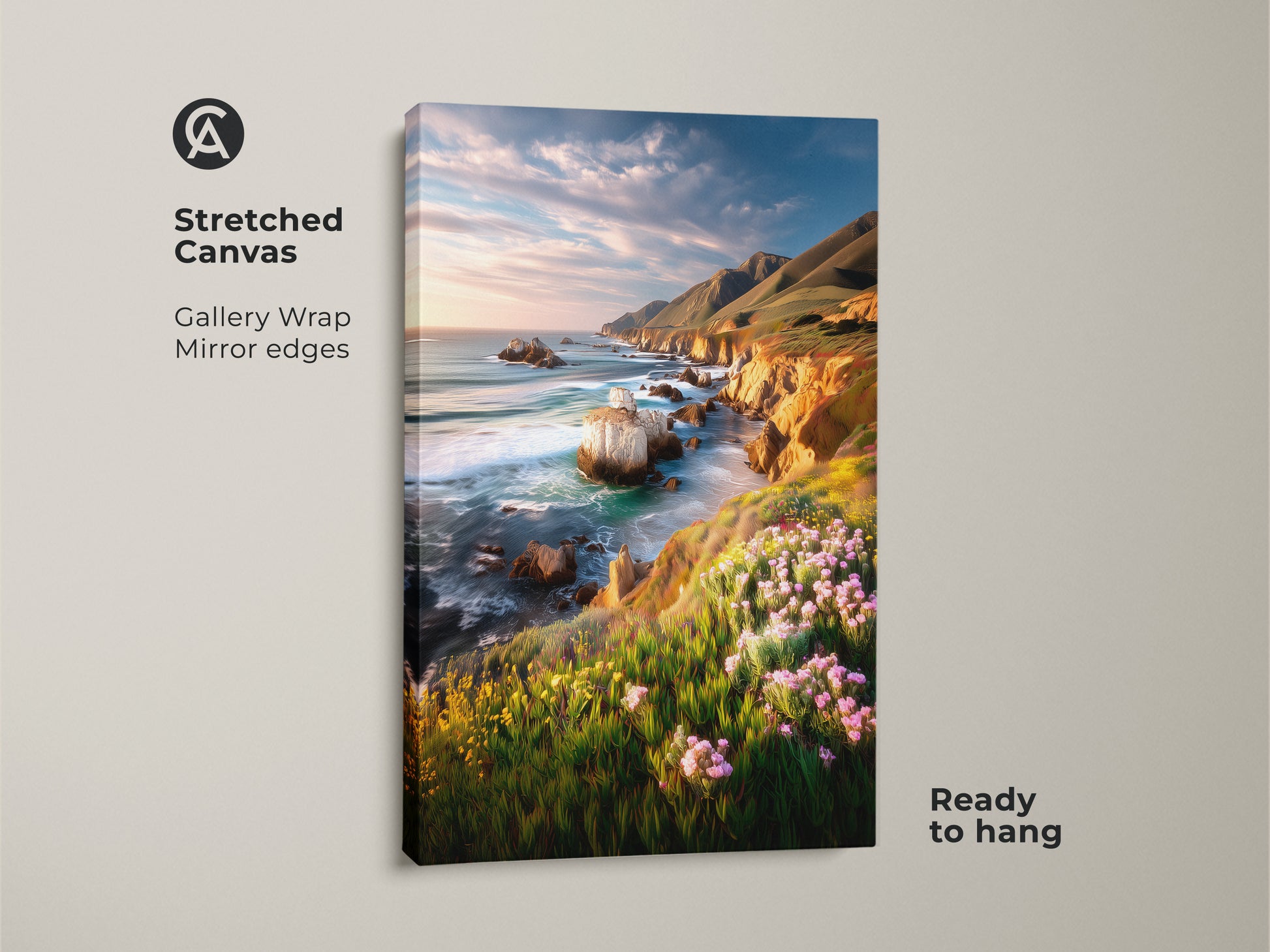 Coastal cliff ocean canvas artwork with gallery wrap. The mirror edges enhance the vibrant wildflowers and seaside scenery. Ready to hang this stretched canvas brings the beauty of the coast into your home. This coastal landscape wall art is a perfect housewarming gift.