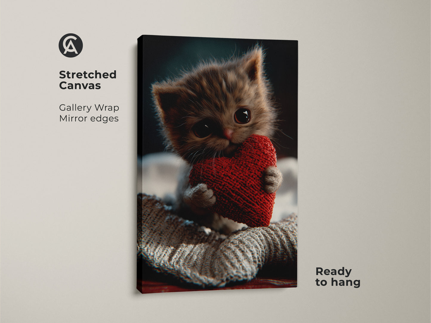 Gallery wrapped stretched canvas featuring a cute kitten. The adorable kitten holds a red heart. This animal theme wall decor is ready to hang. The mirror edges add to the art's charm. Perfect as a unique cat themed gift for cat dads.