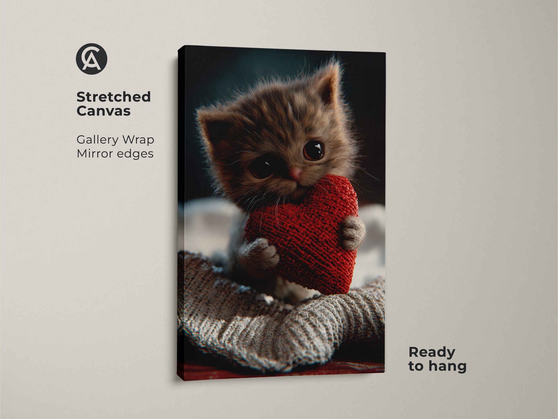 Gallery wrapped stretched canvas featuring a cute kitten. The adorable kitten holds a red heart. This animal theme wall decor is ready to hang. The mirror edges add to the art's charm. Perfect as a unique cat themed gift for cat dads.