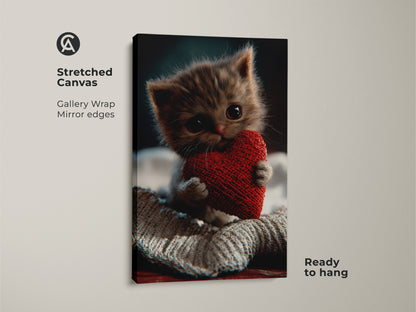Gallery wrapped stretched canvas featuring a cute kitten. The adorable kitten holds a red heart. This animal theme wall decor is ready to hang. The mirror edges add to the art's charm. Perfect as a unique cat themed gift for cat dads.