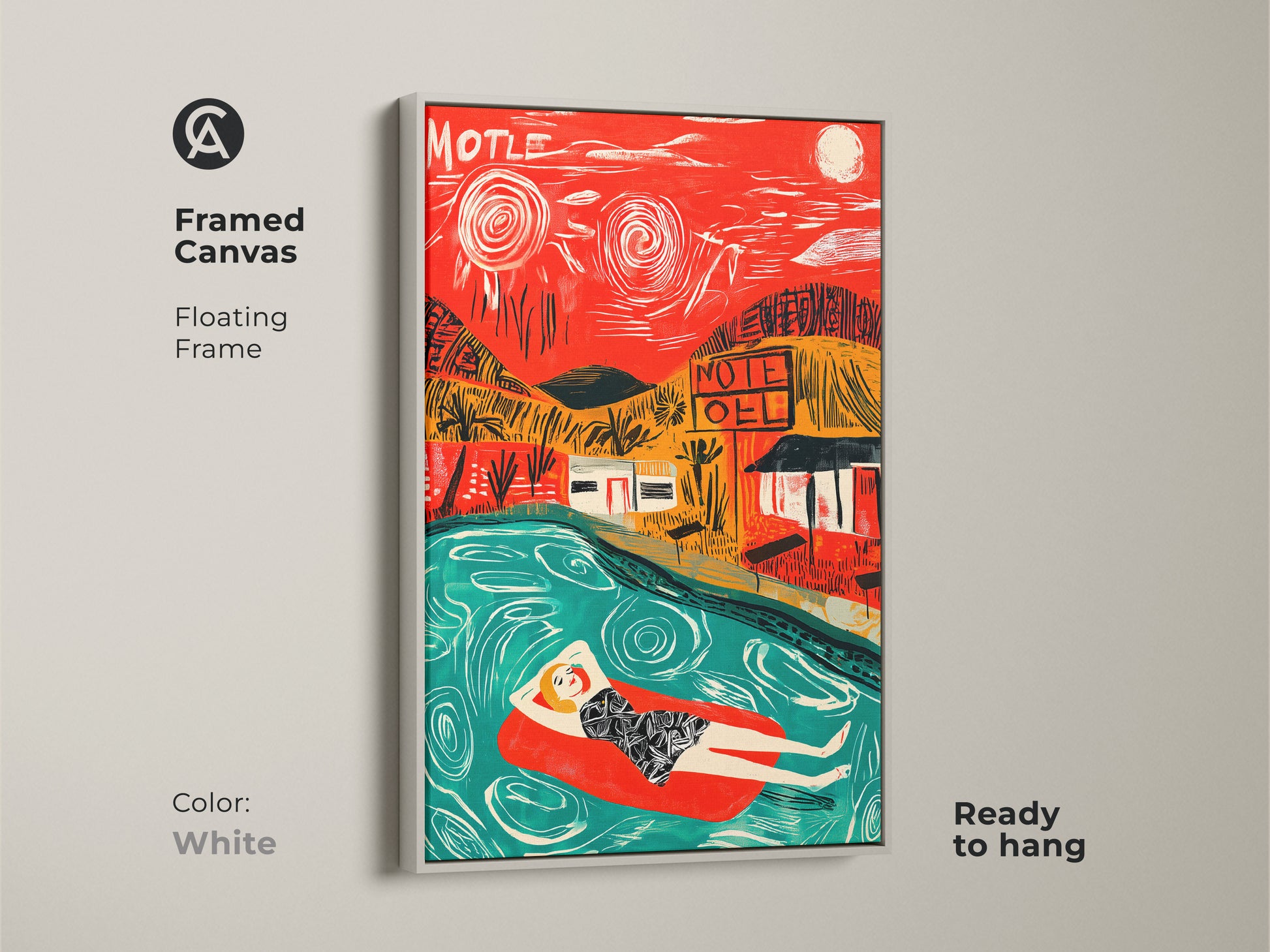 White framed canvas art depicting a woman lounging in a pool with a motel in the background. The floating frame offers a clean and modern look. This ready-to-hang piece brings a vintage aesthetic to your walls.
