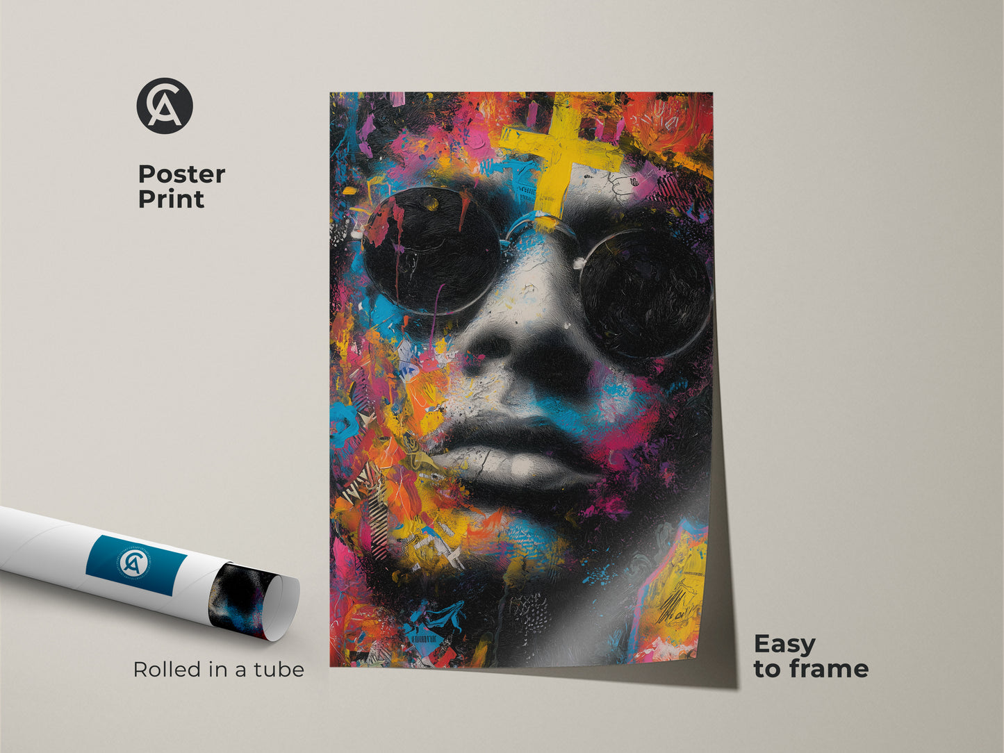 Poster print showcasing a face with sunglasses. The colorful artwork is rolled in a tube for protection. This poster is easy to frame. Museum-quality paper ensures a high-quality art piece.
