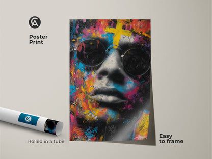 Poster print showcasing a face with sunglasses. The colorful artwork is rolled in a tube for protection. This poster is easy to frame. Museum-quality paper ensures a high-quality art piece.