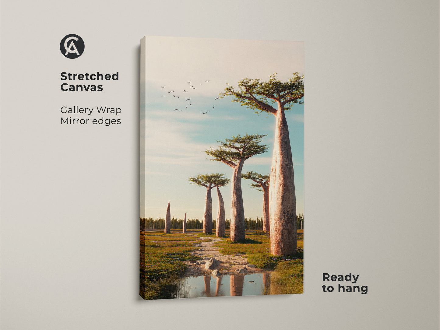 Stretched canvas of realistic Baobab trees. This African savanna landscape artwork uses warm earth tones and sky blue. Ready to hang gallery-wrapped canvas. A mirror edge adds to the decor.