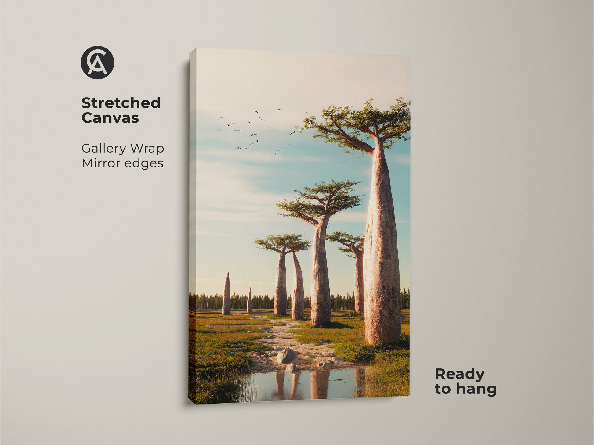 Stretched canvas of realistic Baobab trees. This African savanna landscape artwork uses warm earth tones and sky blue. Ready to hang gallery-wrapped canvas. A mirror edge adds to the decor.