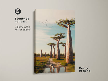 Stretched canvas of realistic Baobab trees. This African savanna landscape artwork uses warm earth tones and sky blue. Ready to hang gallery-wrapped canvas. A mirror edge adds to the decor.