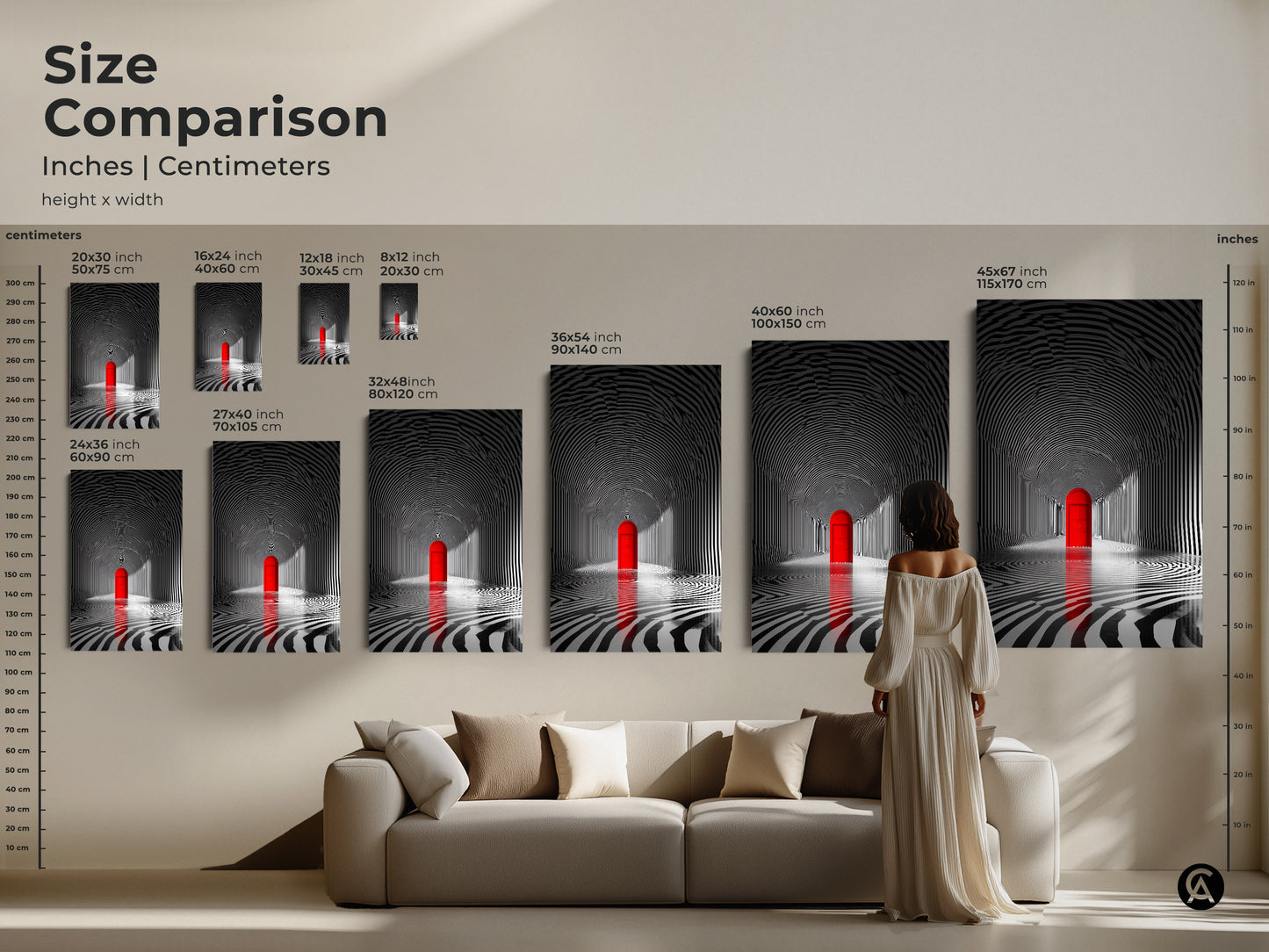 Size comparison of tunnel art with a red door in inches and centimeters. See how different sizes fit in a living room setting. Choose from various dimensions to complement your space. Find the perfect scale to enhance your home decor. Available in canvas and poster prints.