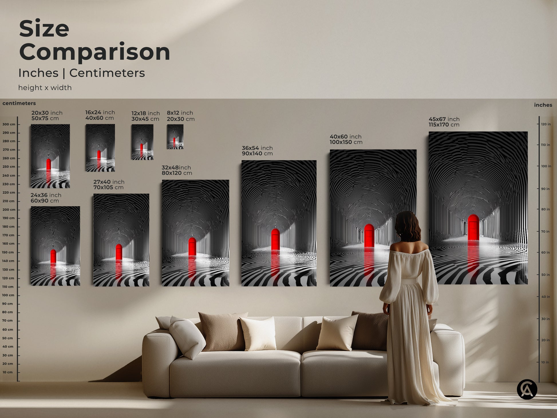 Size comparison of tunnel art with a red door in inches and centimeters. See how different sizes fit in a living room setting. Choose from various dimensions to complement your space. Find the perfect scale to enhance your home decor. Available in canvas and poster prints.