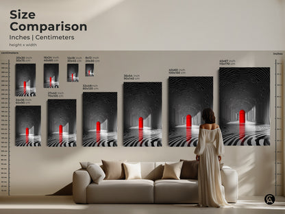 Size comparison of tunnel art with a red door in inches and centimeters. See how different sizes fit in a living room setting. Choose from various dimensions to complement your space. Find the perfect scale to enhance your home decor. Available in canvas and poster prints.