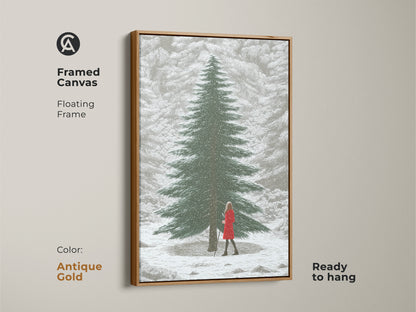 Framed canvas with an antique gold floating frame of winter forest art. A woman in red graces this snowy landscape print. Scandinavian minimalist art ready to hang and enjoy.