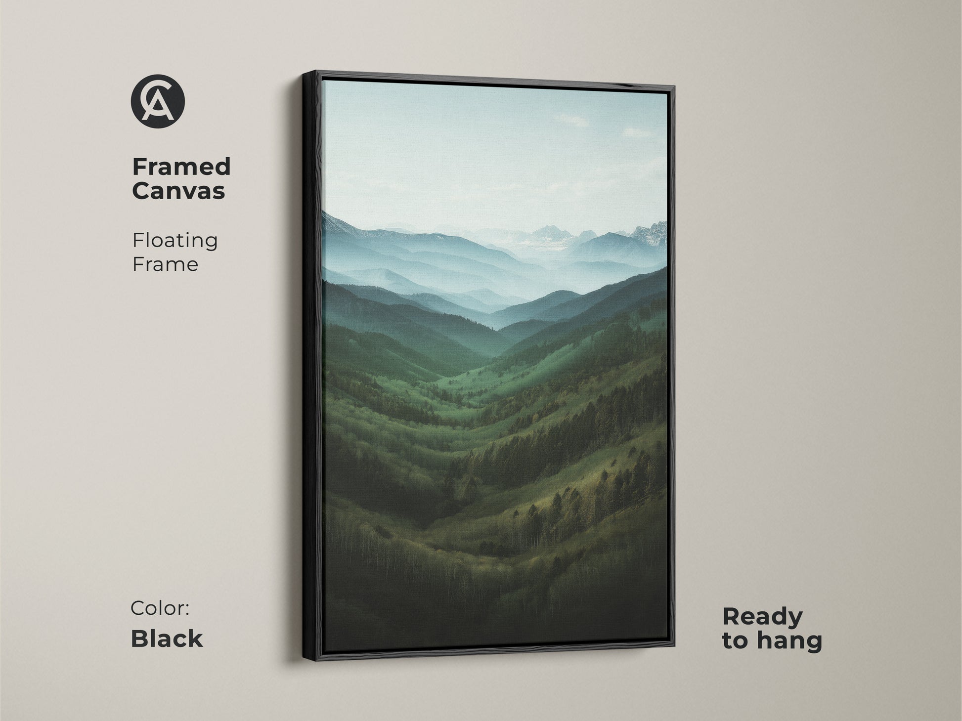 Framed canvas with a floating frame showcasing forest green valley wall decor. Ready to hang atmospheric mountain vista art. A modern farmhouse bedroom wall art piece.