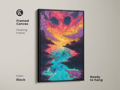Framed canvas displaying an abstract sunset over water artwork. The canvas is set in a floating black frame and ready to hang. Notice the vibrant colors of pink orange and blue in the artwork.