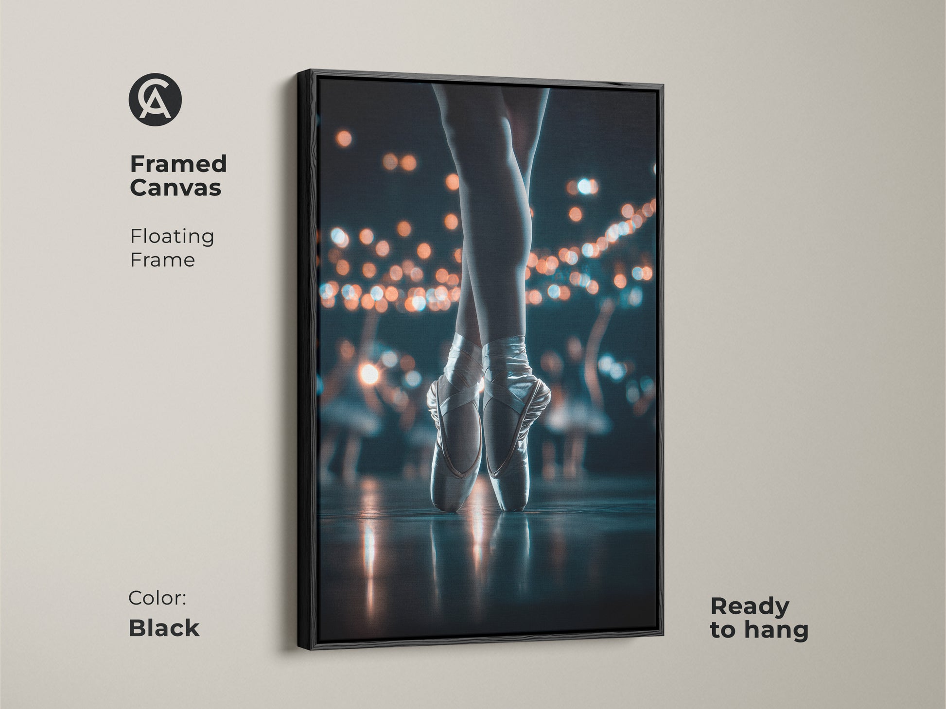 This framed canvas art piece showcases a ballerina's feet in pointe shoes. The floating black frame adds a modern touch. This ready-to-hang artwork is perfect for ballet lovers. Enhance your home with this beautiful framed art.