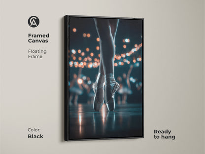 This framed canvas art piece showcases a ballerina's feet in pointe shoes. The floating black frame adds a modern touch. This ready-to-hang artwork is perfect for ballet lovers. Enhance your home with this beautiful framed art.